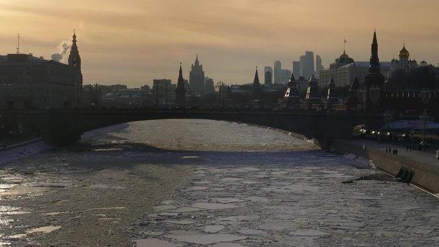 View of Moscow river ice-bound and the Kremlin