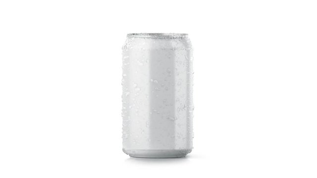 Blank wet aluminium beer can mockup, looped rotation, clipping masks, 3d rendering. Empty soda tin packing mock up with condensate, isolated. Canned dripping drink.