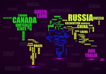 Typography colorful world map with country names. Vector
