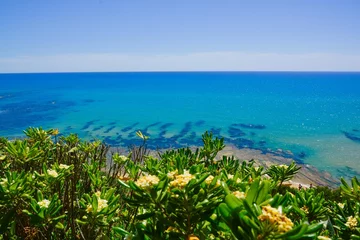Cercles muraux Scala dei Turchi, Sicile Mediterranean Exotic Beach view thru tropical yellow flowers with juicy green leaves transparent turques blues water  close to Scala dei Turchi - Sicily Italy Europe 
