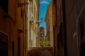 The View of Old town buildings and Stairs in shadows with lantern street light and palm leaf blue sky with clouds Streets of Palermo Old Town - Sicilia Italy