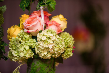 Colorful flower bouquet isolated with pink and yellow roses. Copy Space. Love and Romance concept.