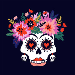 Woman skull with the wreath of flowers. Vector holiday illustration for Day of the dead or Halloween. Funny card design.