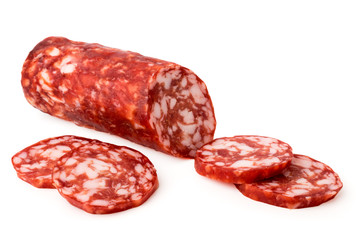 Salami sausage and sliced pieces on a white background