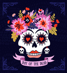 Woman skull with the wreath of flowers and text. Vector holiday illustration for Day of the dead or Halloween. Funny card design.