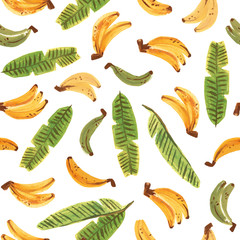 Seamless pattern with yellow and green bananas with palm leaves isolated on the white background. Hand drawn illustration in gouache.