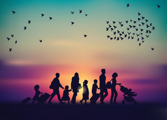 Obraz na płótnie Canvas Emigration family sky and birds silhouette.