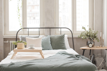 Interior of white and gray cozy bedroom near to white desk with plant