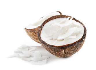 Coconut with fresh flakes on white background