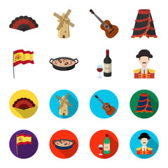 Flag with the coat of arms of Spain, a national dish with rice and tomatoes, a bottle of wine with a glass, a bullfighter, a matador. Spain country set collection icons in cartoon,flat style vector