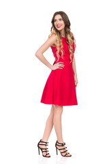 Smiling Woman In Red Dress Is Looking Over Shoulder