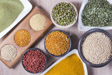 Different super foods organized as a collection on the table