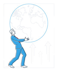 Businessman holding a globe - line design style isolated illustration