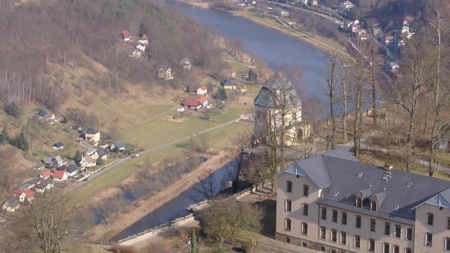 K&ouml;nigstein castle Landscape - drone moving forwards - parallax effect - Germany Saxony 4k