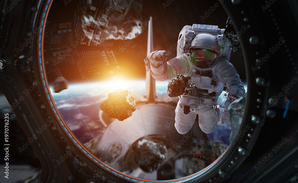 Poster astronaut working on a space station 3d rendering elements of this image furnished by nasa