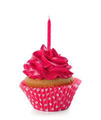 Birthday cupcake with candle on white background