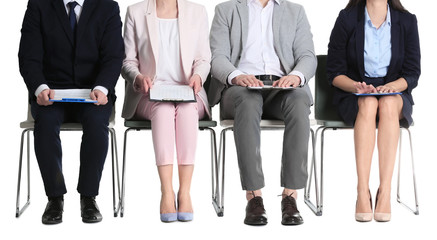 Fototapeta na wymiar Group of people waiting for job interview on white background