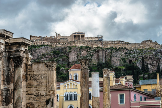 Athens view on acropolis from Roman Agora side