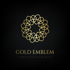 Decorative golden round emblem. Ornamental vector motif.