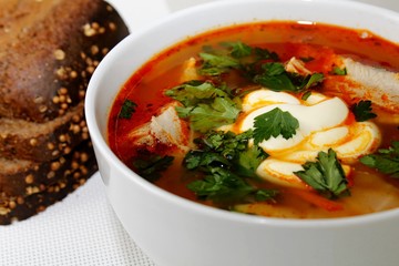 Traditional Ukrainian borscht on a white background