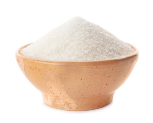 Ceramic bowl with pure sugar on white background
