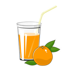 Glass with Fresh Citrus Fruit Juice with Grapefruit and a Straw Isolated on White Background , Summer Time, Vector Illustration