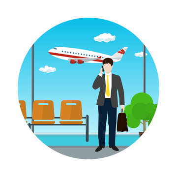 Man with a Briefcase Talking on the Phone at the Airport, View of a Flying Airplane through the Window from a Waiting Room , Air Travel and Tourism Icon, Flat Design, Vector Illustration