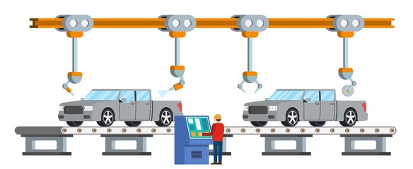Car assembly line. Automatic auto production conveyor. Robotic car machinery industry concept. Vector illustration.