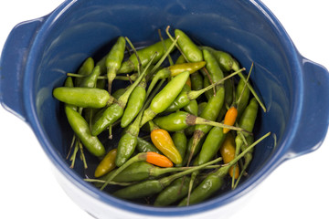 Green chili peppers in a blue bowl