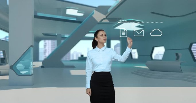 Businesswoman working holographic virtual interface modern futuristic interior. Woman girl touching touch screen. Financial diagrams appearing Virtual Augmented Reality future touchscreen technology
