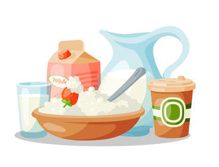 Milk dairy products vector flat style breakfast gourmet organic meal fresh diet food milky drink ingredient nutrition illustration.