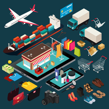 Isometric Illustration of Shopping and Shipping
