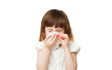 Girl 4-5 years snotting nose on white background