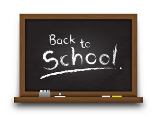 Obraz premium Realistic black color chalkboard with wooden frame . Detailed texture on blackboard and edge . Empty board for fill your text . Isolated background . Education and back to school concept . Vector