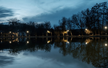 Obraz premium reflecting light spots on calm water, lake in the afternoon, trees with bare branches and cold