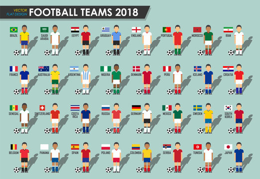 Soccer cup teams 2018 . Set of Football players with jersey uniform and national flags . Vector for international world championship tournament