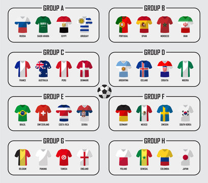 Soccer cup 2018 team group set . Football players with jersey uniform and national flags . Vector for international world championship tournament