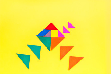 jigsaw puzzle game piece office table in business strategy set yellow background top view mock up