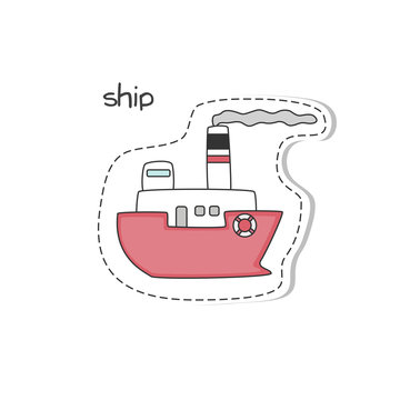 Sticker with cartoon ship on white background. Vector illustration.