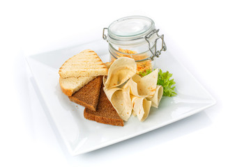 Snack for beer. Crackers and pita bread with sauce.