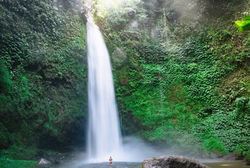 Huge fast waterfall hidden in mountain forest with person back view swimming. Deep jungle forest with bright green foliage, outdoor nature landscape, travel Bali, Indonesia lifestyle photography