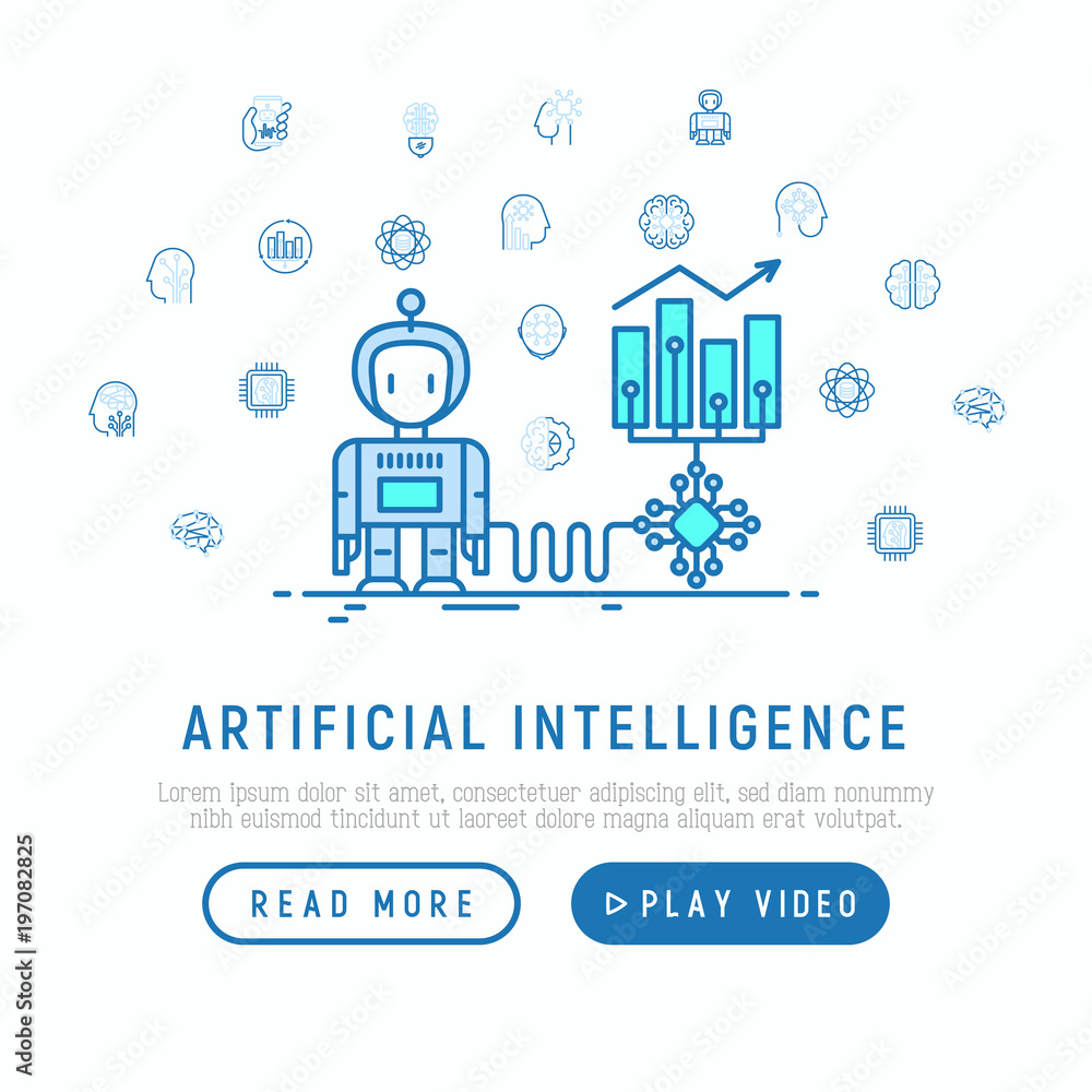 Poster artificial intelligence helps to increase profit with thin line icons: robot, brain, machine learnin