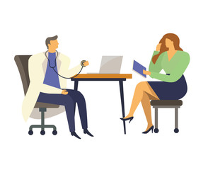 Medicine concept with doctor and patient in flat style. Practitioner doctor man and young woman patient in hospital medical office. Consultation and diagnosis.