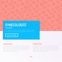 Gynecologist concept with thin line icons: uterus, ovaries, gynecological chair, pregnancy, ultrasound, sanitary napkin, test, embryo, menstruation, ovulation. Vector illustration, web page template.