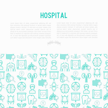 Hospital concept with thin line icons for doctor's notation: neurologist, gastroenterologist, manual therapy, ophtalmologist, cardiology, allergist, dermatologist, dentist. Vector illustration.