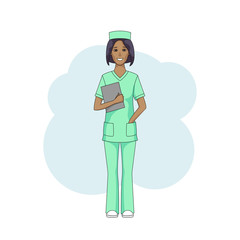 Black female nurse in green uniform