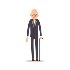 Old man. Elderly man in tail-coat with bow tie leans against stick. Cartoon illustration isolated on white background in flat style. Full length portrait of old human, senior or grandfather
