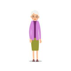 Old woman. Elderly woman stand and her arms are lowered along body. Illustration isolated on white background in flat style. Full length portrait of old ladie, senior or grandmother
