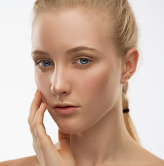 Face, serious, hands, blue lenses, close up, white background