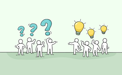 Cartoon working little people with thinking signs.